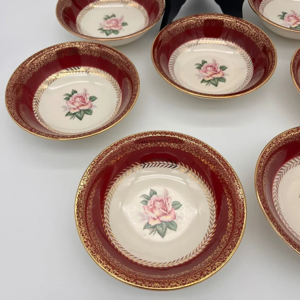 8 Piece Set Homer Laughlin Lady Stratford Berry Bowls Maroon Gold Pink Rose